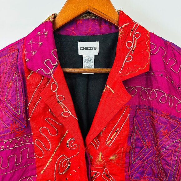 Chico's Patchwork Jacket Size 1 Silk Blend Boho Embroidered Button Front Lined - Picture 6 of 14
